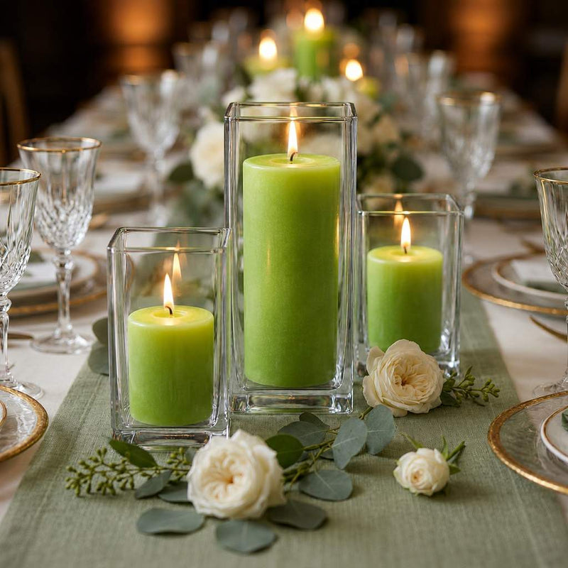 Richland Pillar Candle 9" & Eastland Square Holder 12" Set of 12 - Green - thumbnail number 3