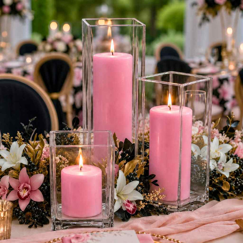 Richland Pillar Candle 3" & Eastland Square Holder 6" Set of 12 - Pink - thumbnail number 4