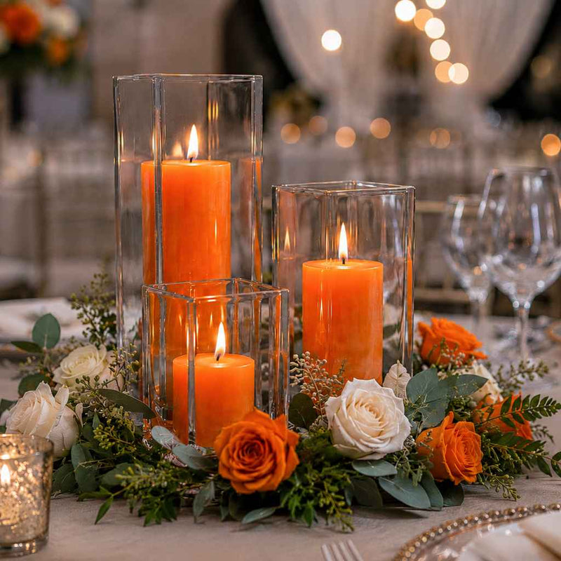 Richland Pillar Candle 9" & Eastland Square Holder 12" Set of 12 - Orange - thumbnail number 4