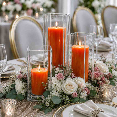 Richland Pillar Candle 9" & Eastland Square Holder 12" Set of 12 - Orange - thumbnail number 3