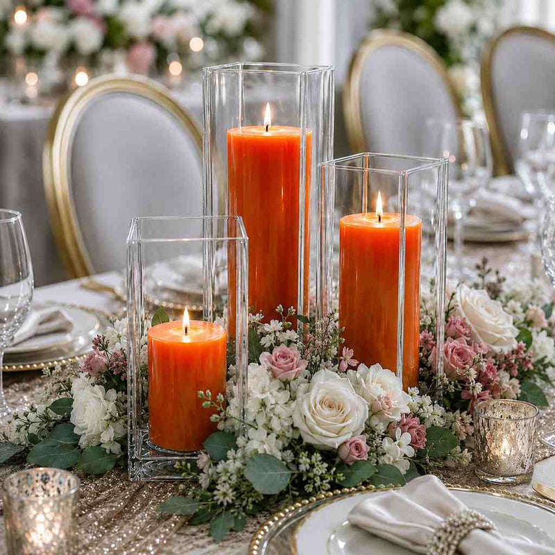 Richland Pillar Candle 9" & Eastland Square Holder 12" Set of 12 - Orange - thumbnail number 3