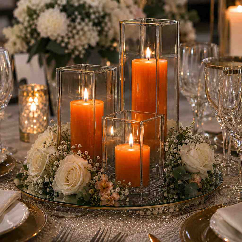 Richland Pillar Candle 9" & Eastland Square Holder 12" Set of 12 - Orange - thumbnail number 5