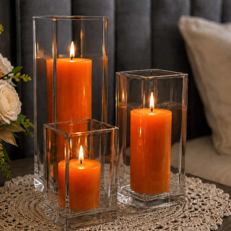 Richland Pillar Candle 9" & Eastland Square Holder 12" Set of 12 - Orange - thumbnail number 6