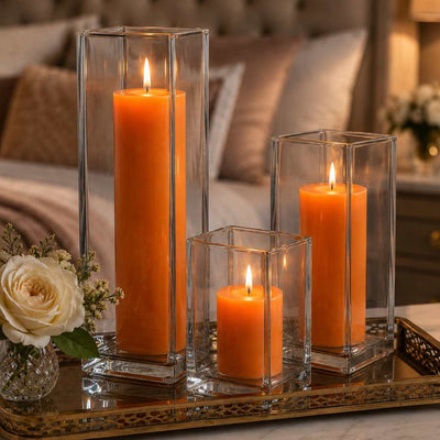 Richland Pillar Candle 9" & Eastland Square Holder 12" Set of 12 - Orange - thumbnail number 7