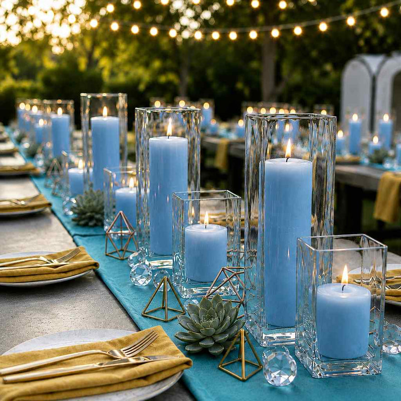Lit light blue candle and square holder decor on a turquoise runner for an outdoor event - thumbnail number 5