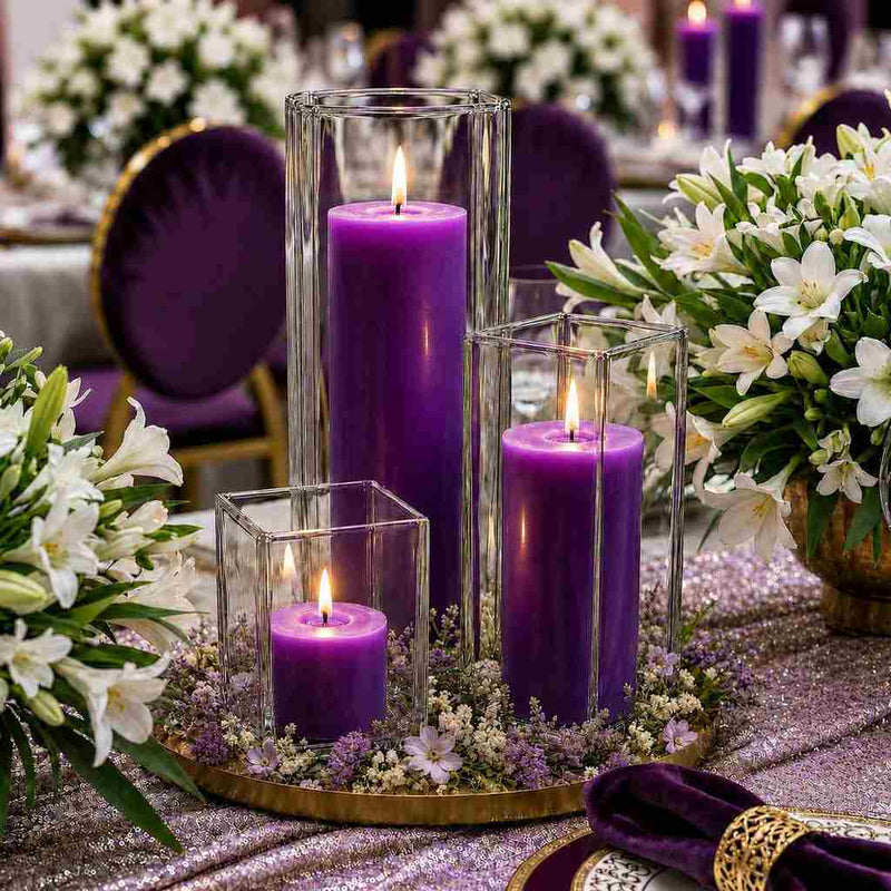 Richland Pillar Candle 9" & Eastland Square Holder 12" Set of 12 - Purple - thumbnail number 5