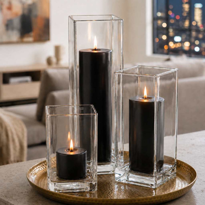 Richland Pillar Candle 9" & Eastland Square Holder 12" Set of 12 - Black - thumbnail number 6