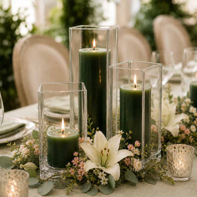 Three lit dark green candle and square holder sets on a table centerpiece with white lilies - thumbnail number 3