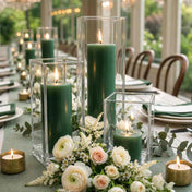 Lit dark green candle and square holder setup on a wedding tablescape with white ranunculus - thumbnail number 5