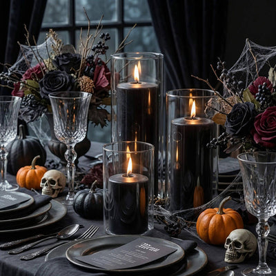 Black candles in glass cylinders with skulls and pumpkins on a decorated table - thumbnail number 5