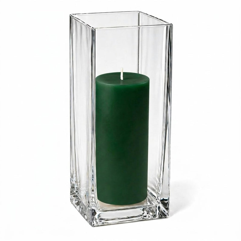 Richland Pillar Candle 9" & Eastland Square Holder 12" Set of 12 - Dark Green - thumbnail number 1