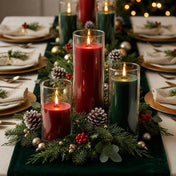 Lit red and green pillar candles in glass vases on a festive table setting - thumbnail number 3