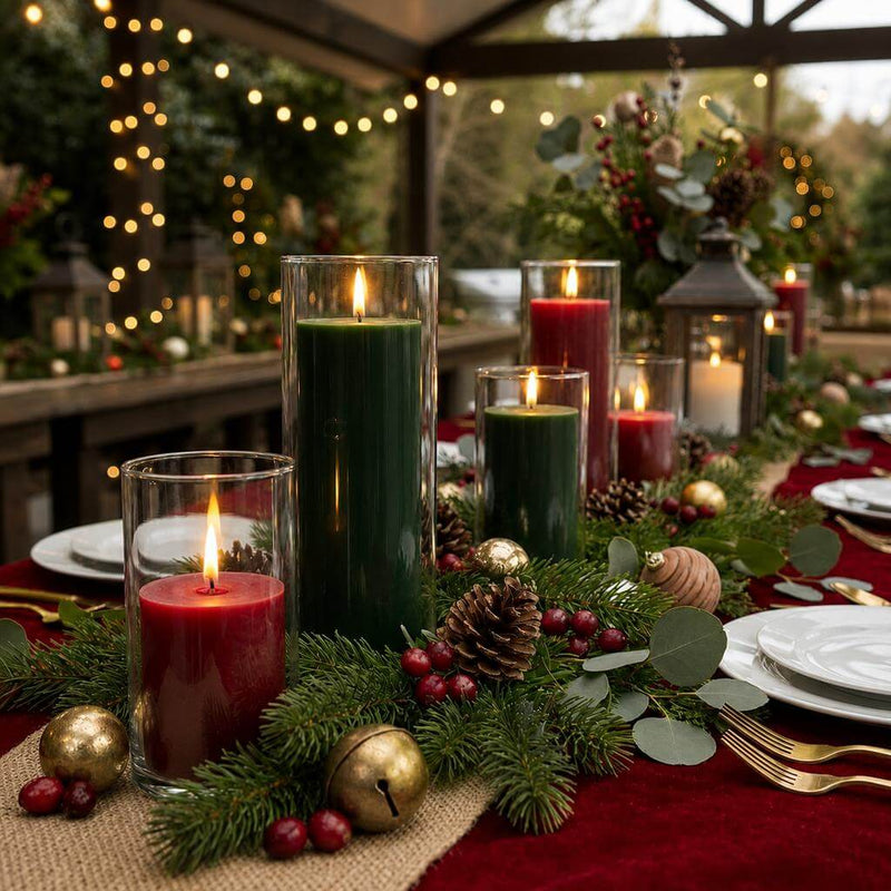 Lit red and green pillar candles in glass vases on a long festive table - thumbnail number 4