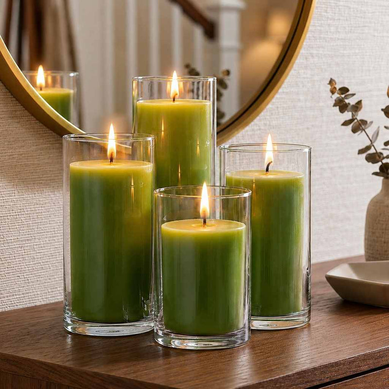 Four green pillar candles in glass cylinder vases on a wooden surface with a mirror reflection - thumbnail number 7