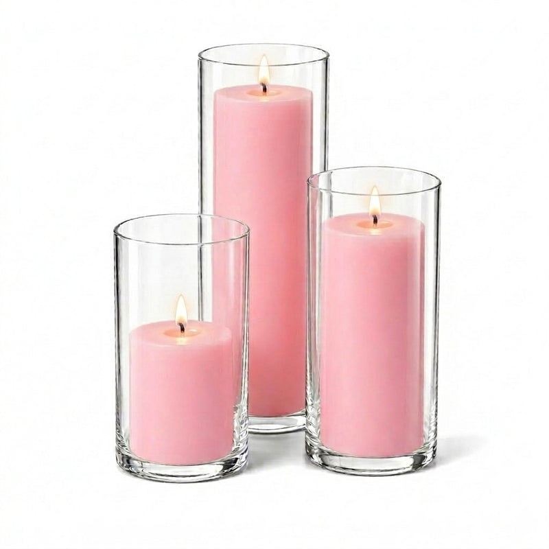 Richland Pillar Candles & Cylinder Vases Set of 12 - Pink - thumbnail number 2