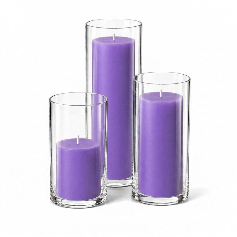 Richland Pillar Candles & Cylinder Vases Set of 3 - Lavender - thumbnail number 1