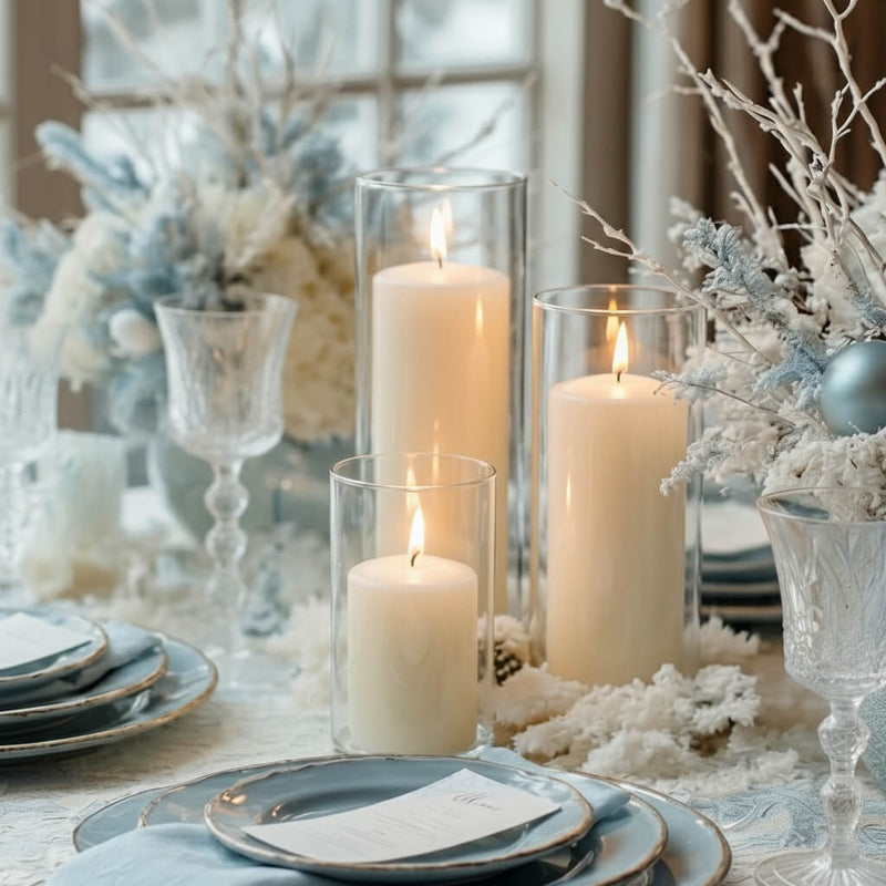 Frosted winter centerpiece with white candles and icy floral arrangements - thumbnail number 5