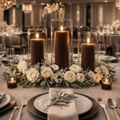 Lit brown pillar candles in glass cylinders surrounded by white roses on a table - thumbnail number 5