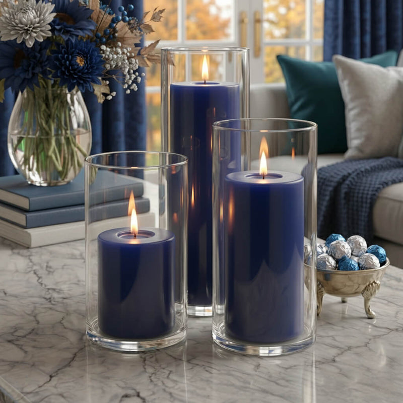 Richland Pillar Candles & Cylinder Vases Set of 3 - Navy Blue - thumbnail number 3