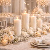 White pillar candles in glass vases with floral centerpiece on elegant dining table - thumbnail number 3
