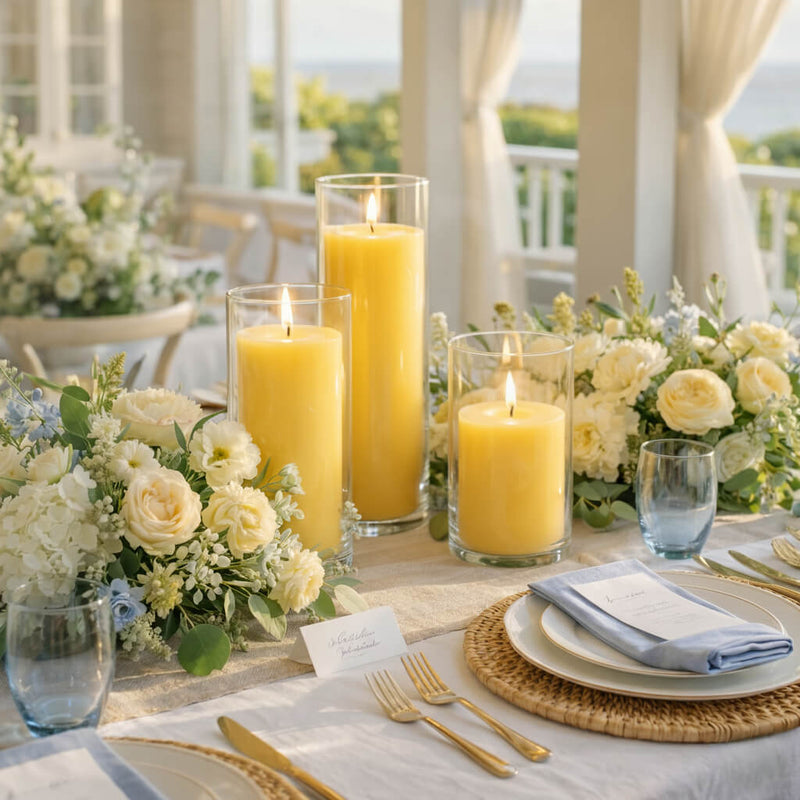 Yellow pillar candles with white floral centerpiece on elegant dining table - thumbnail number 3