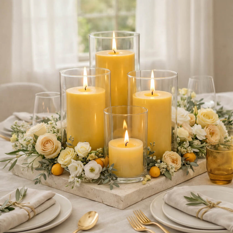 Yellow Pillar candles in glass vases with white floral dining table centerpiece - thumbnail number 5