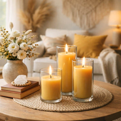 Three yellow pillar candles in glass holders on cozy living room coffee table - thumbnail number 6