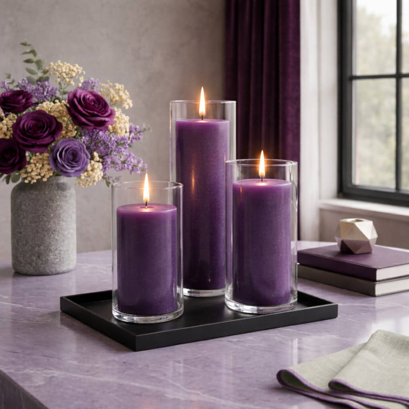 Richland Pillar Candles & Cylinder Vases Set of 12 - Purple - thumbnail number 3