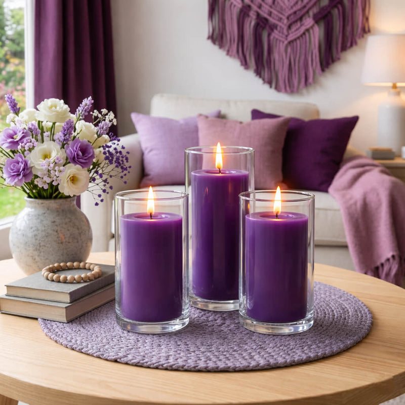 Purple pillar candles in glass cylinders on a woven lavender placemat - thumbnail number 8