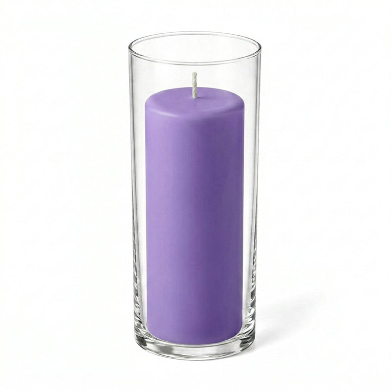 Tall glass candle holder with a lavender pillar candle - thumbnail number 1