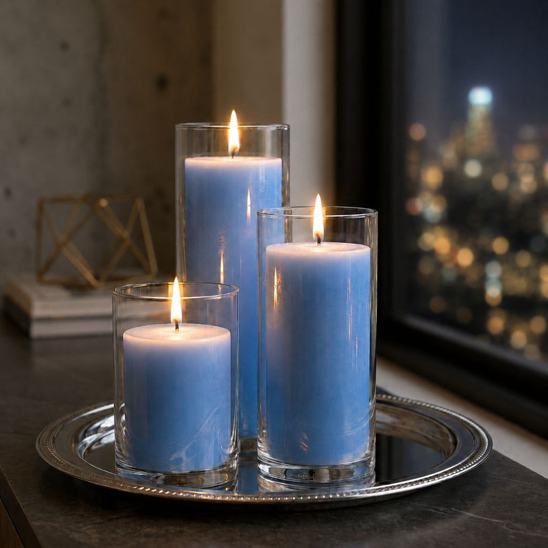 Richland Pillar Candles & Cylinder Vases Set of 3 - Light Blue - thumbnail number 3