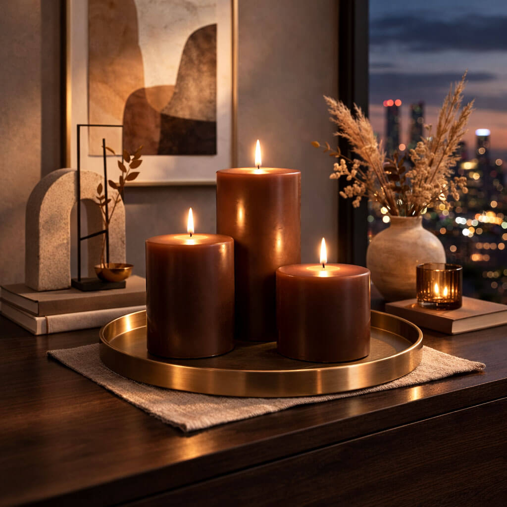 Richland Pillar Candles 3"x9" Brown Set of 6