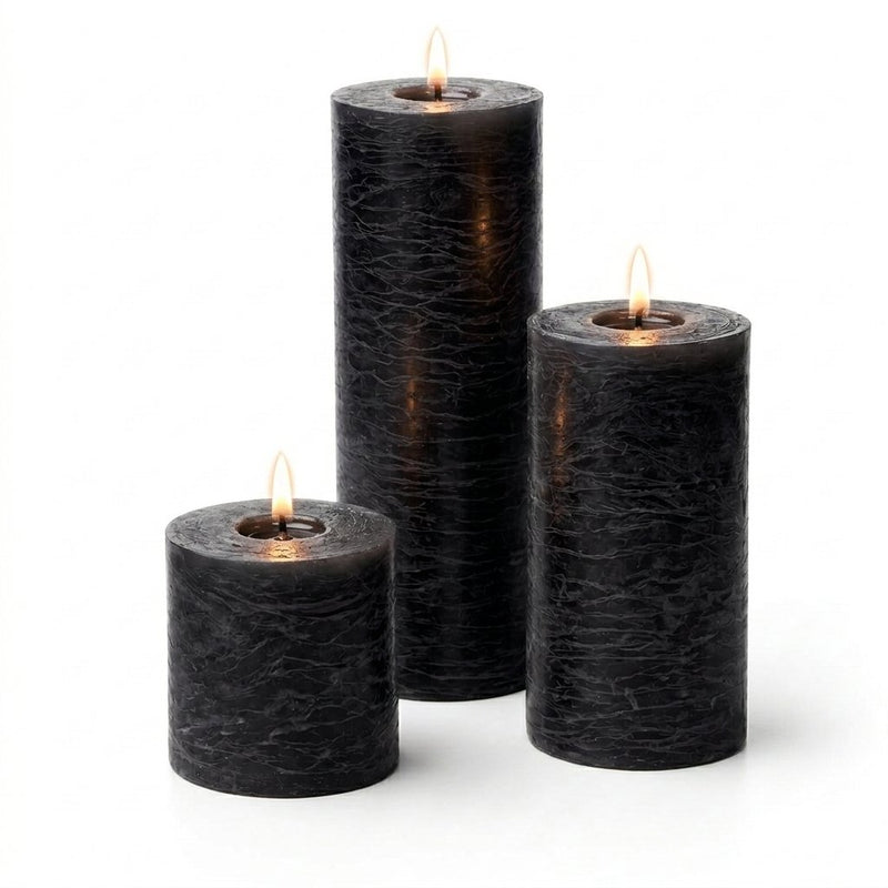 Richland Rustic Pillar Candle 3"x3", 3"x6" & 3"x9" Black Set of 3 - thumbnail number 2