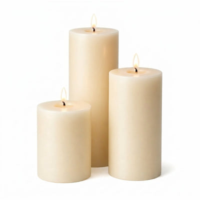 Three lit ivory pillar candles in assorted sizes on a white backdrop - thumbnail number 2