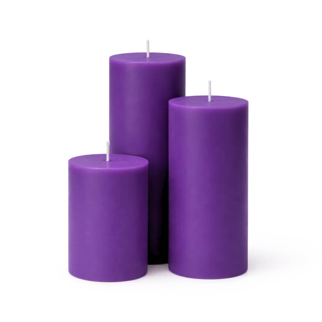 Richland Pillar Candles 4"x6", 4"x9" & 4"x12" Purple Set of 3