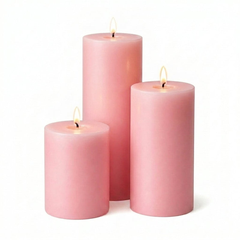 Three lit pink pillar candles in varying heights on a solid white background - thumbnail number 2