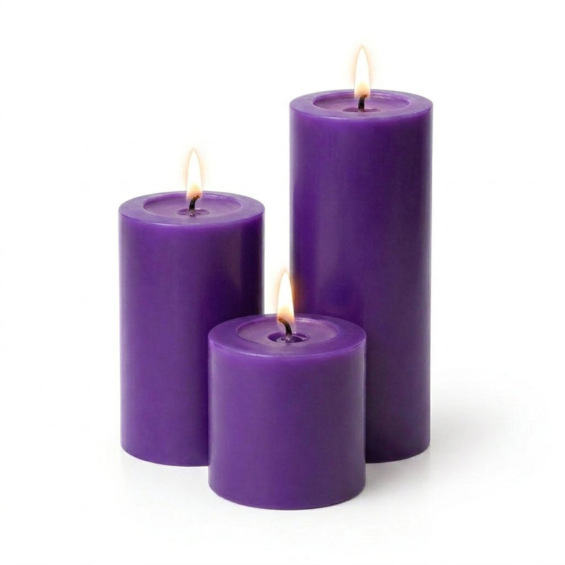 Three purple candles of different sizes on a white background - thumbnail number 2