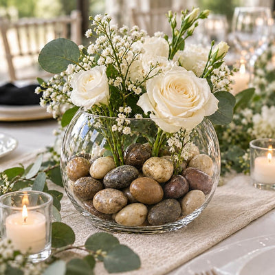 Glass bowl filled with polished natural stones and white roses on a table - thumbnail number 2