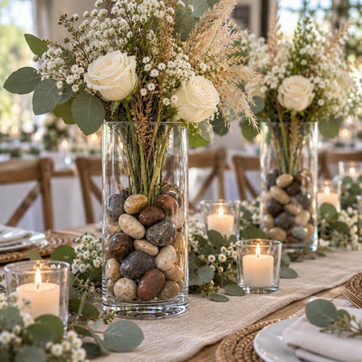 Tall glass vases filled with polished natural assorted design stones and white floral arrangements - thumbnail number 3