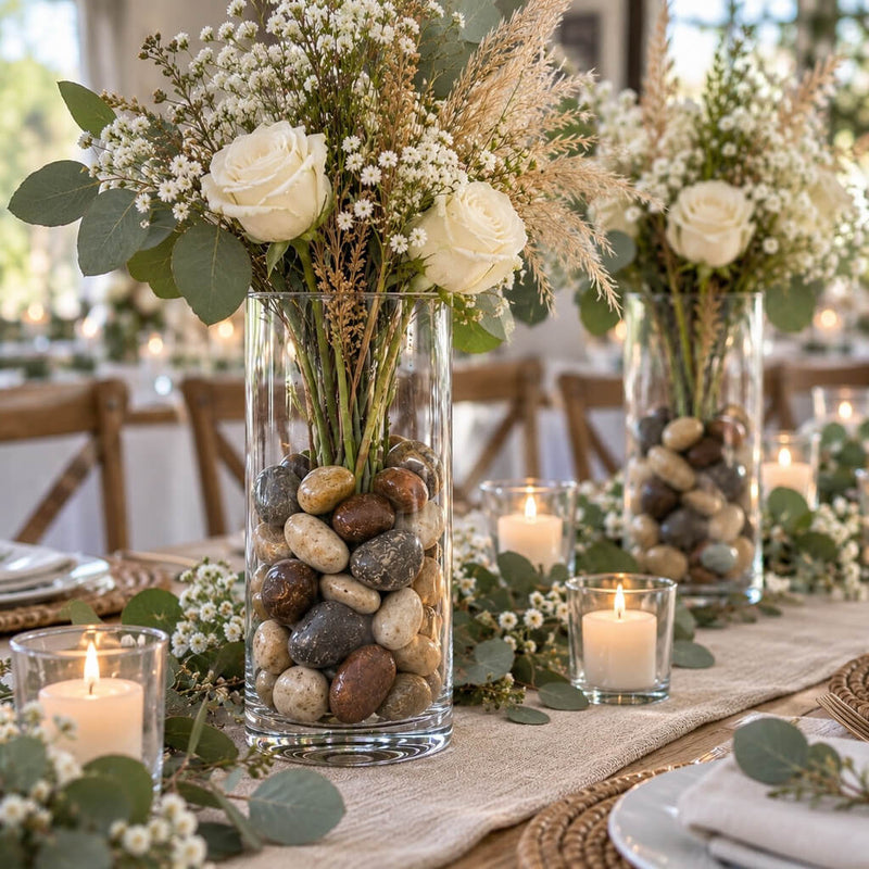 Tall glass vases filled with polished natural assorted design stones and white floral arrangements - thumbnail number 3