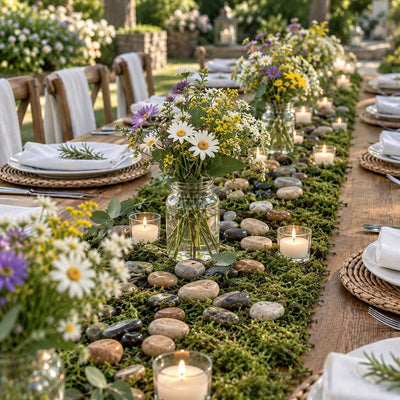 Moss table runner decorated with polished natural stones, candles, and wildflowers - thumbnail number 4