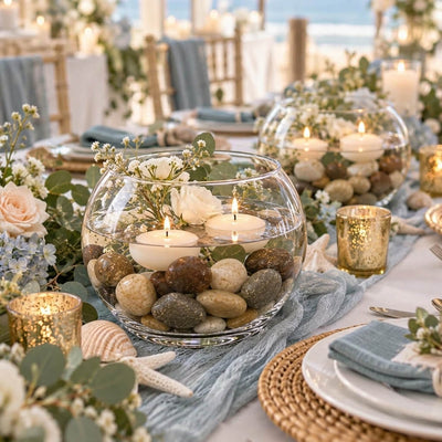 Glass bowls filled with polished natural stones, floating candles, and flowers on a wedding table - thumbnail number 6