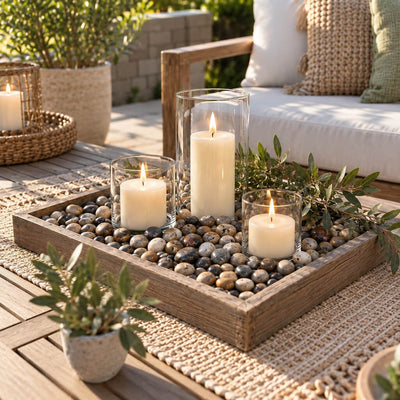 A wooden tray filled with polished natural decorative stones and lit candles - thumbnail number 8