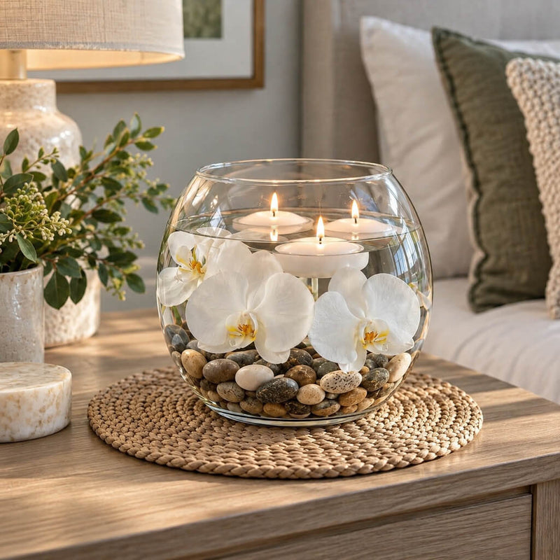 Glass bowl filled with polished natural stones, white orchids, and floating candles - thumbnail number 9
