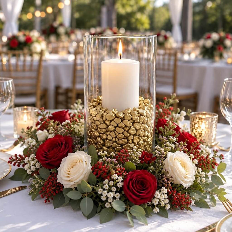 A tall glass candle holder filled with metallic gold stones surrounded by a floral centerpiece - thumbnail number 2