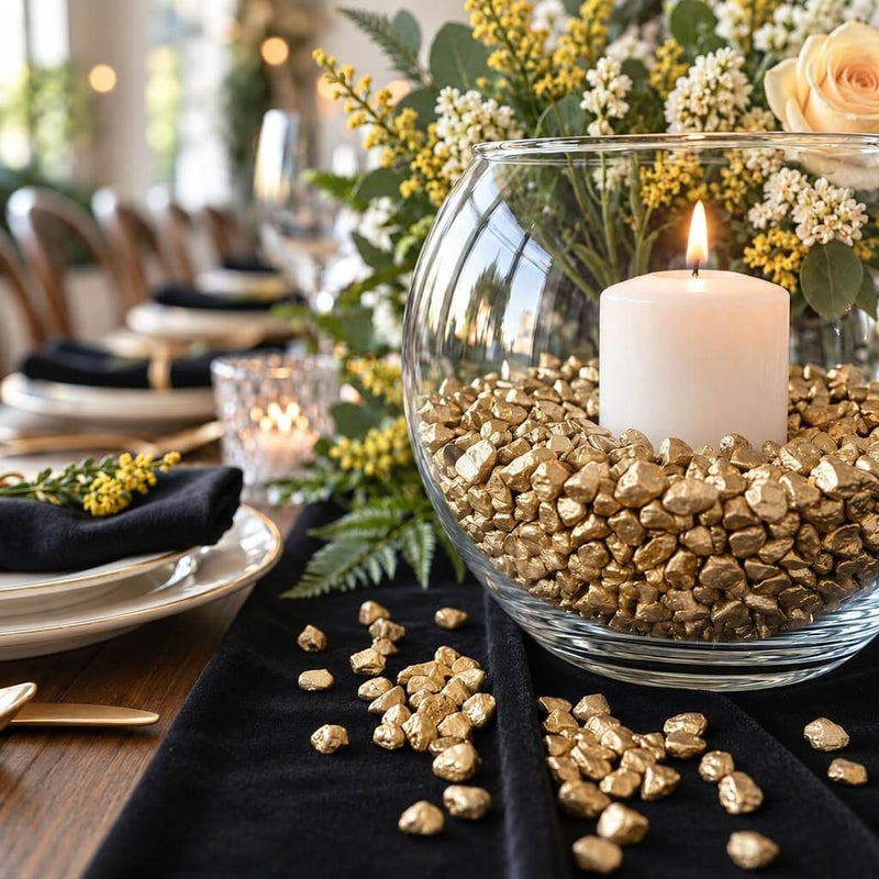Glass bowl filled with metallic gold stones and a candle on a table - thumbnail number 4