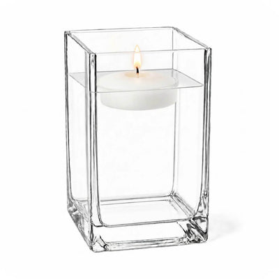 Clear 6" square vase filled with water and a lit floating candle - thumbnail number 5
