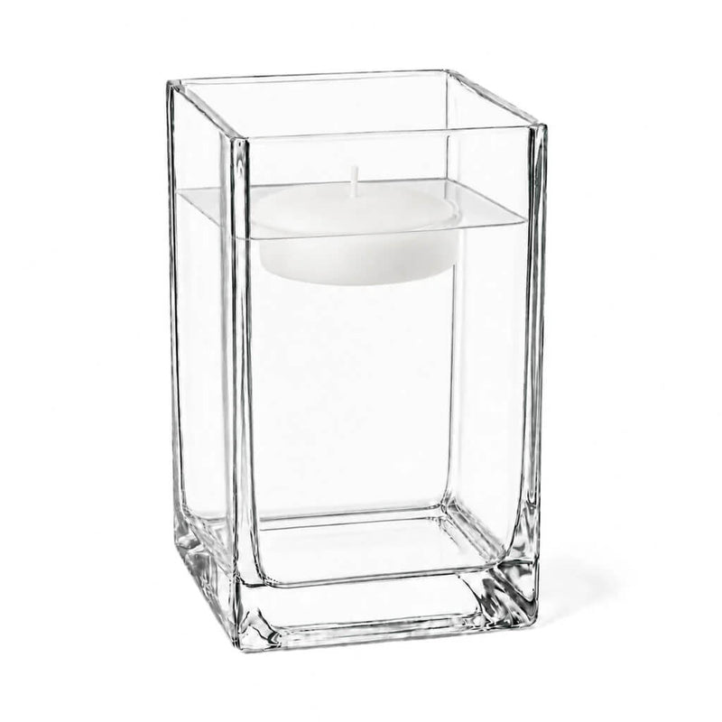 Clear 6" square vase filled with water and a floating candle - thumbnail number 4