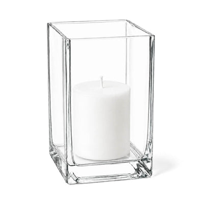 Clear 6" square vase containing a white pillar candle - thumbnail number 2