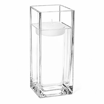 Clear 12" square vase filled with water and a floating candle - thumbnail number 4